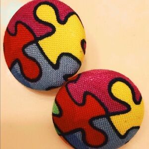 Puzzle piece print earrings. Custom colorful fabric. Excellent condition.